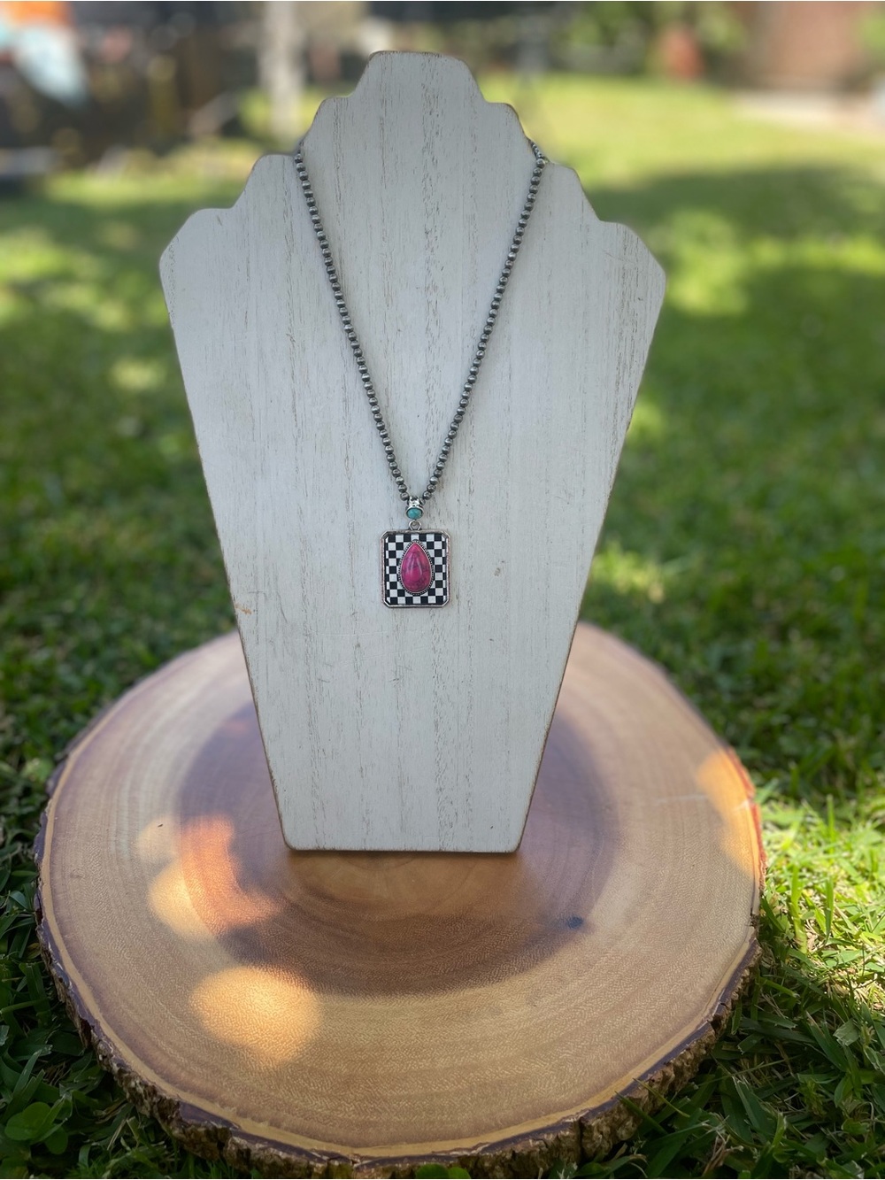 Pink Teardrop Pendant Necklace with Checkerboard Accent - Women Jewelry